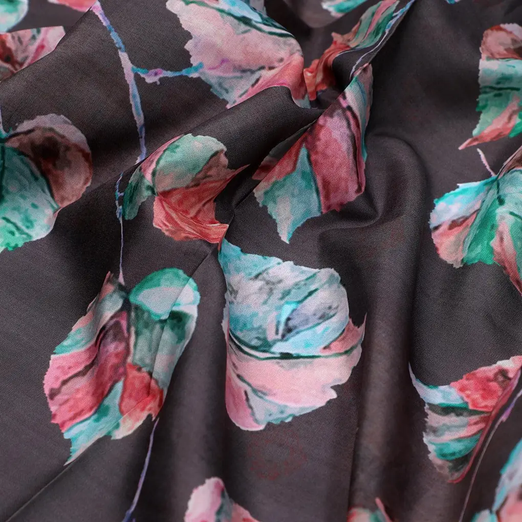 Colourful Floating Leaves Digital Printed Fabric - Poly Muslin - Image 3