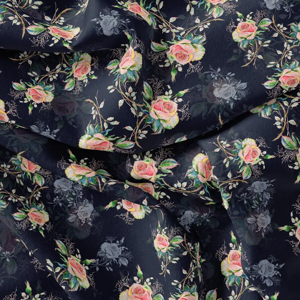 Colourful Roses With Multicolour Branch Digital Printed Fabric - Japan Satin - Image 4