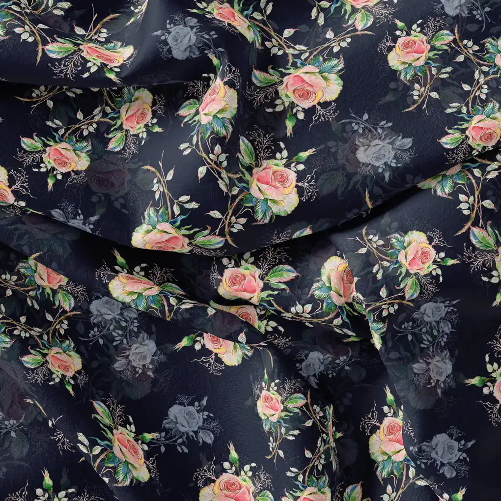 Colourful Roses With Multicolour Branch Digital Printed Fabric - Pure Muslin - Image 4