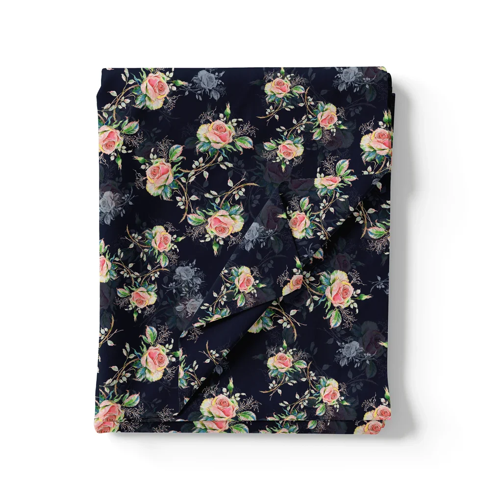 Colourful Roses With Multicolour Branch Digital Printed Fabric - Silk Crepe - Image 3