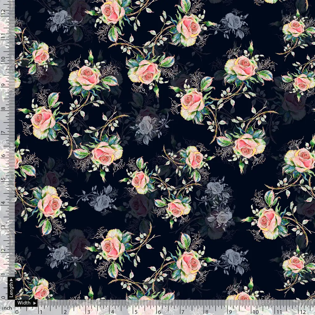 Colourful Roses With Multicolour Branch Digital Printed Fabric - Silk Crepe - Image 5