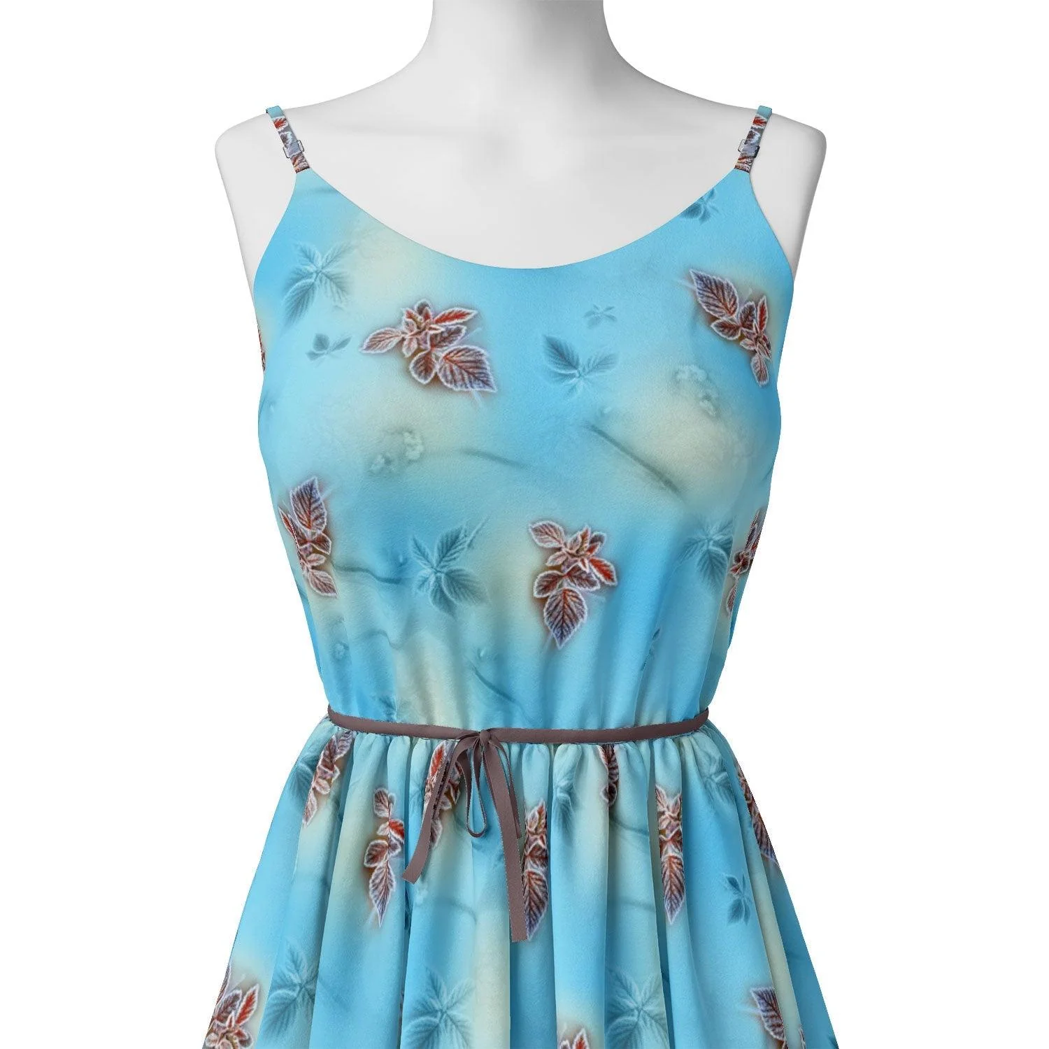 Cool Blue Ice Brown Leaves Digital Printed Fabric - Image 2