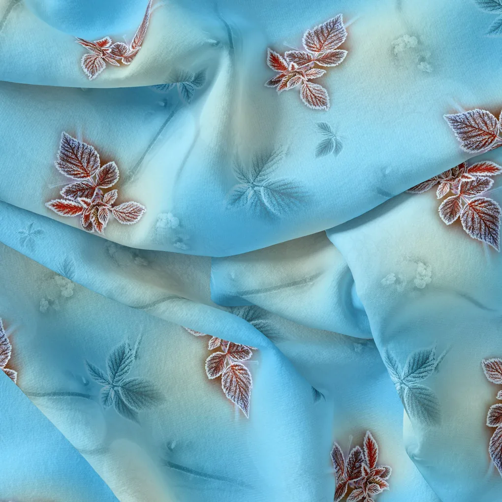 Cool Blue Ice Brown Leaves Digital Printed Fabric - Image 4