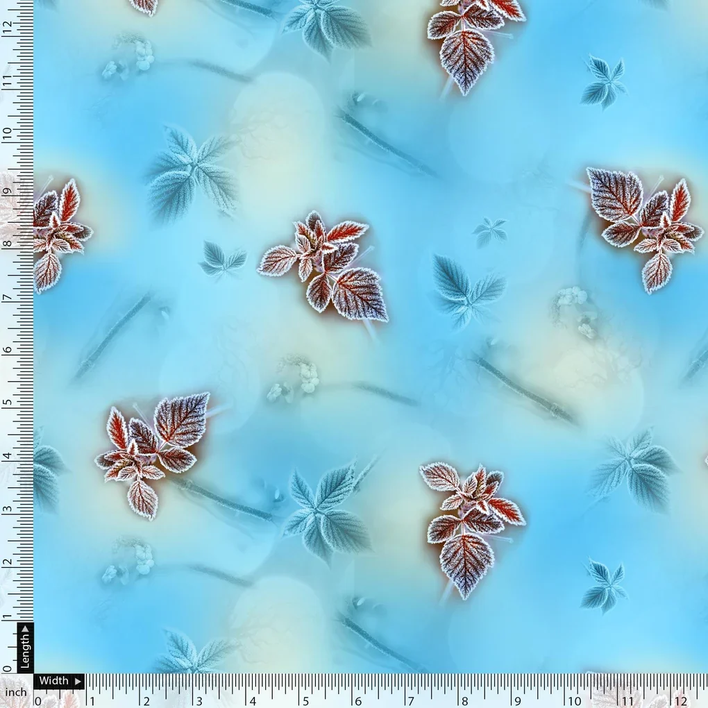 Cool Blue Ice Brown Leaves Digital Printed Fabric - Image 5
