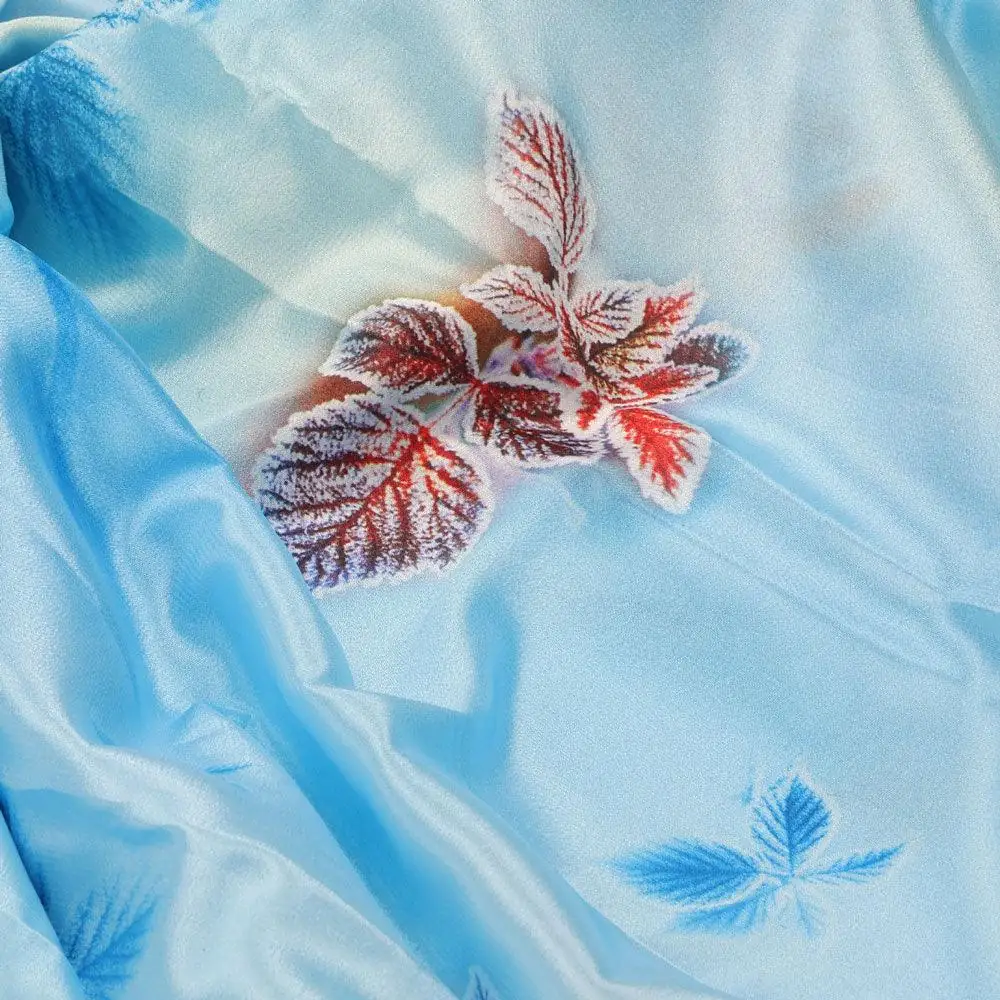 Cool Blue Ice Brown Leaves Digital Printed Fabric - Silk Crepe - Image 3