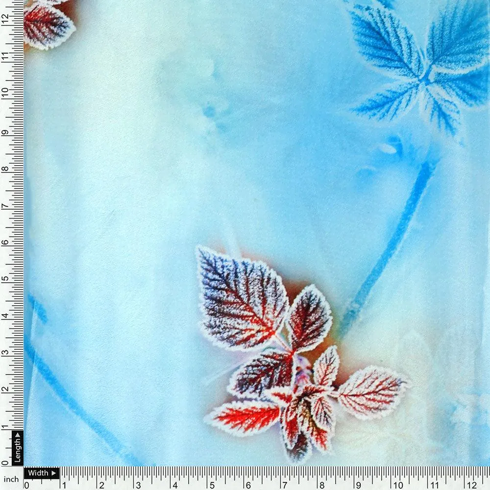 Cool Blue Ice Brown Leaves Digital Printed Fabric - Silk Crepe - Image 4