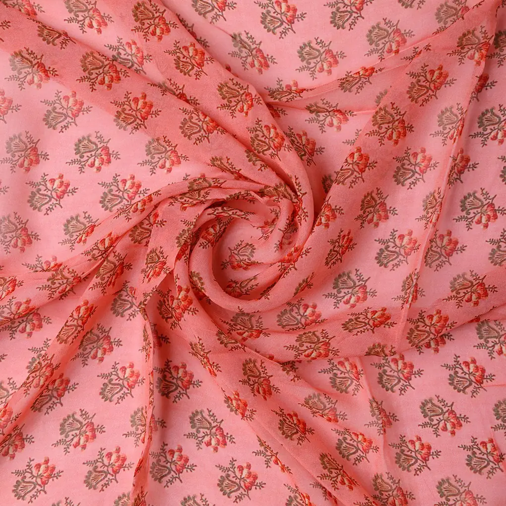 Cool Summer Simple Pink Flower With Leaves Digital Printed Fabric - Pure Georgette - Image 2