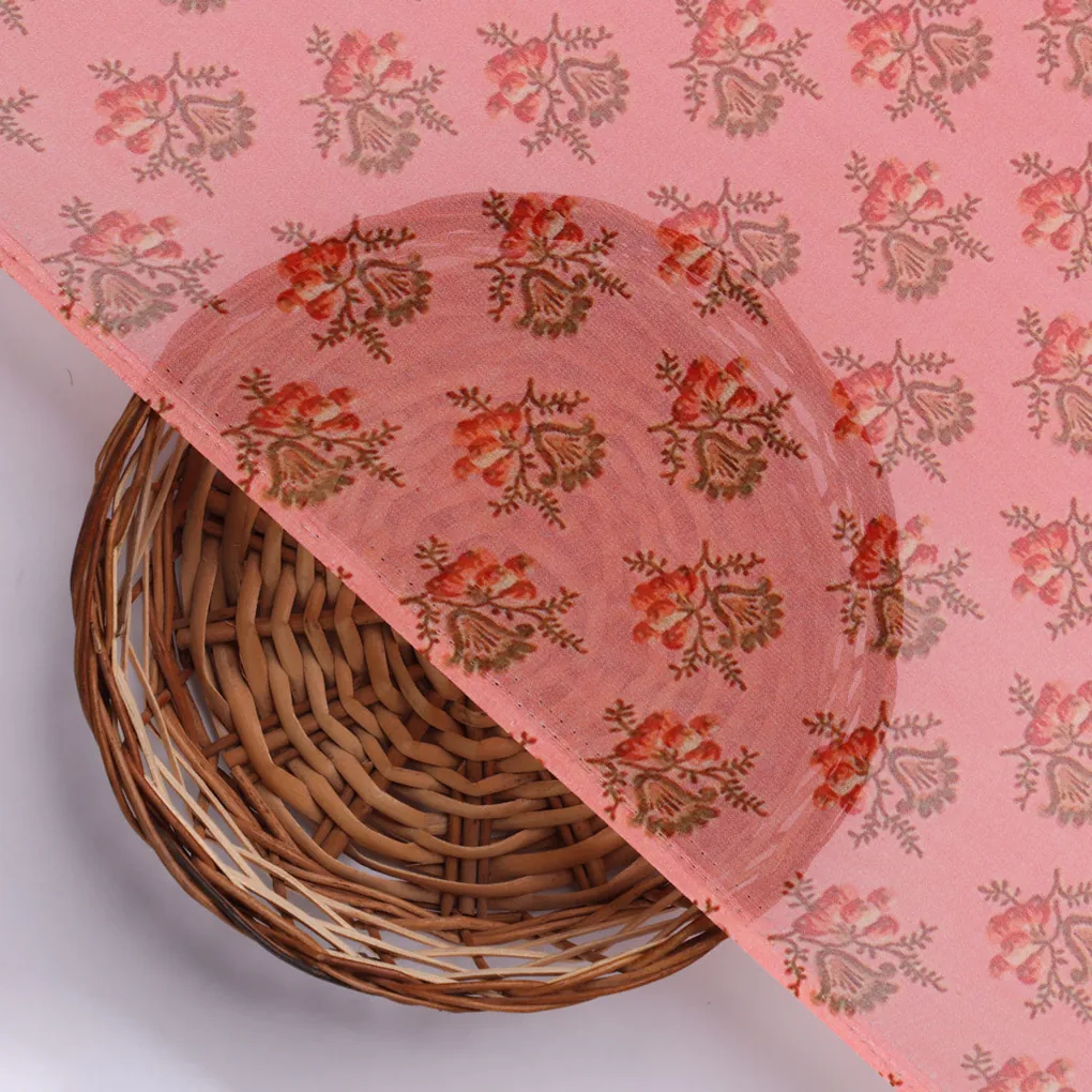 Cool Summer Simple Pink Flower With Leaves Digital Printed Fabric - Pure Georgette - Image 3