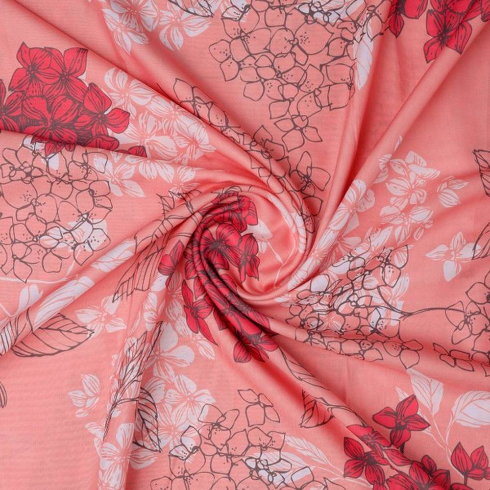 Coral Bloom Botanical Sketch Printed Rayon Fabric - Image 3