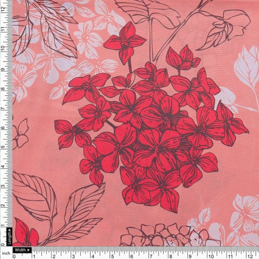 Coral Bloom Botanical Sketch Printed Rayon Fabric - Image 4