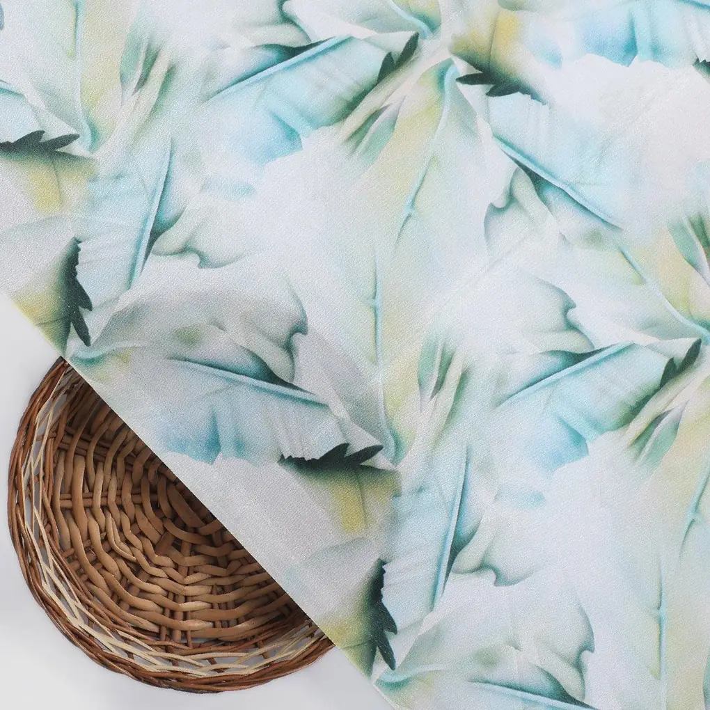 Cosmic Blue Leaves Printed Silk Crepe Fabric Material - Image 2