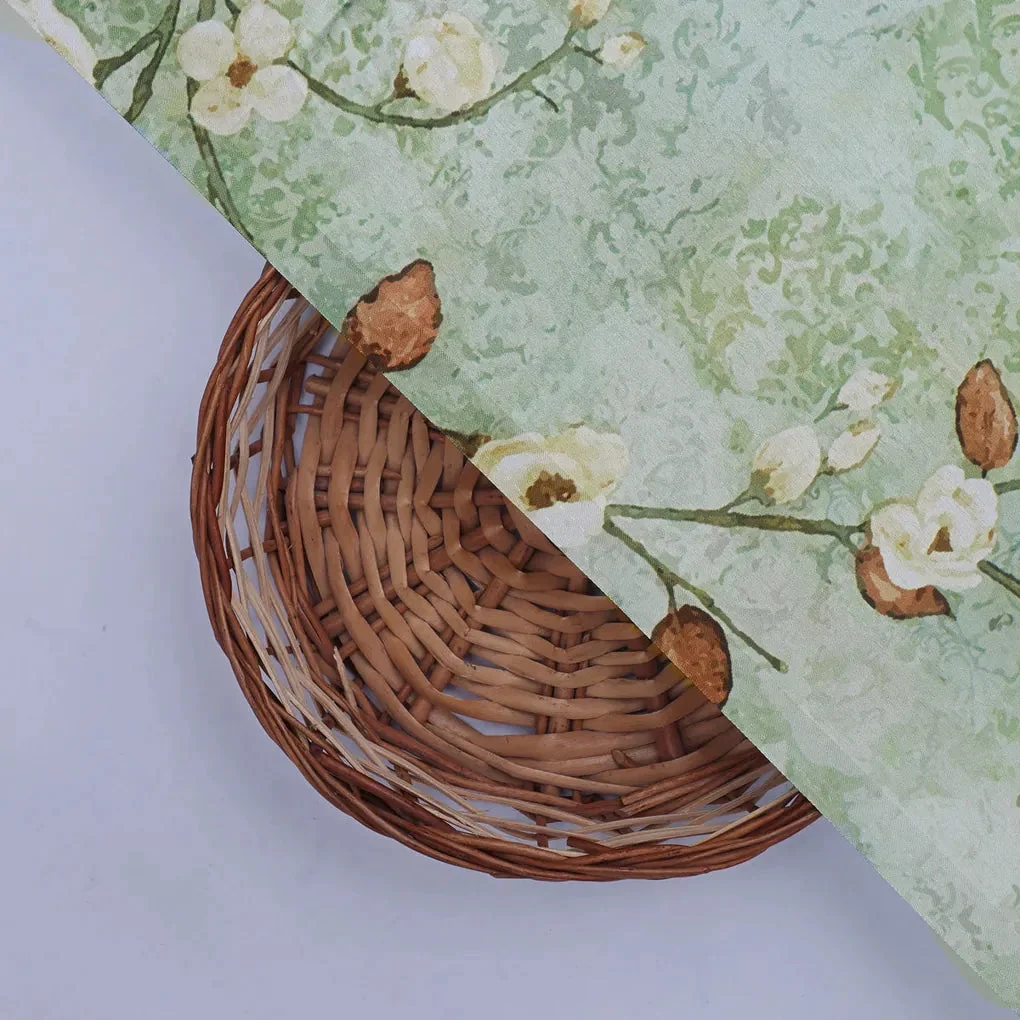 Cream And Brown Floral Print On Green Japan Satin Fabric - Image 2