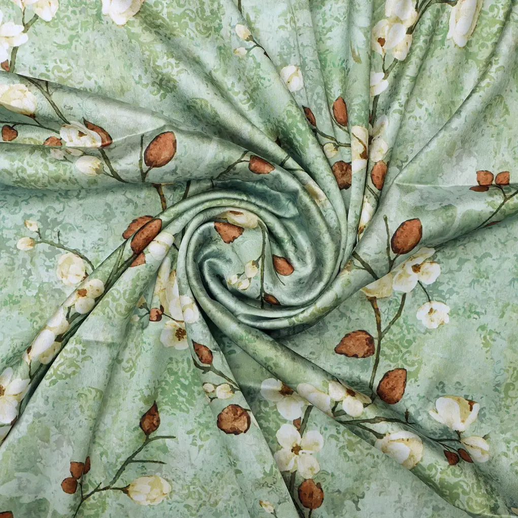 Cream And Brown Floral Print On Green Japan Satin Fabric - Image 3