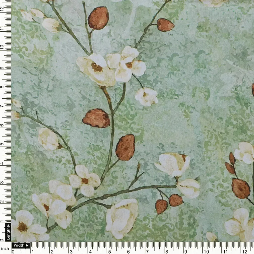 Cream And Brown Floral Print On Green Japan Satin Fabric - Image 4