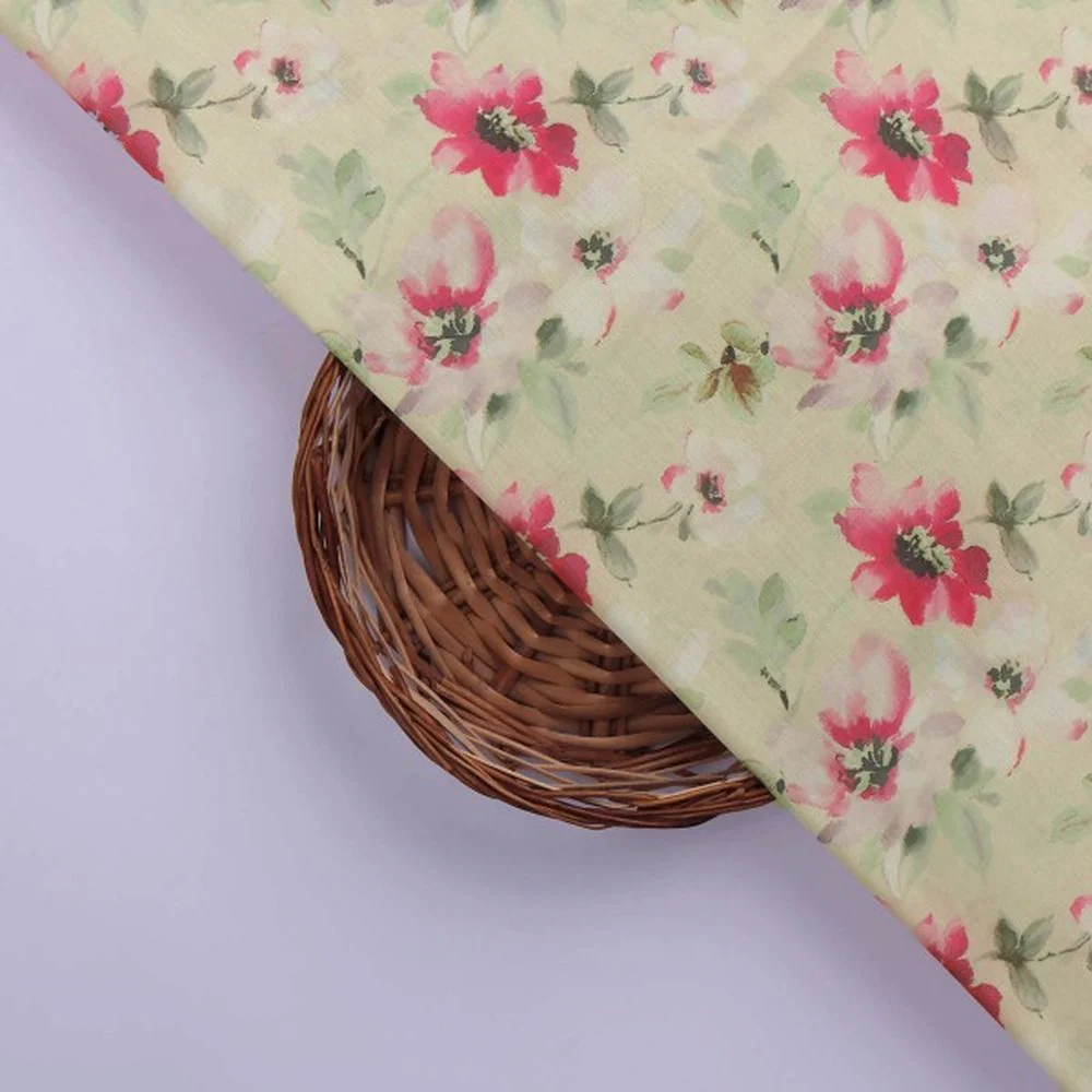 Cream and Pink Watercolour Floral Print Muslin Fabric - Image 2