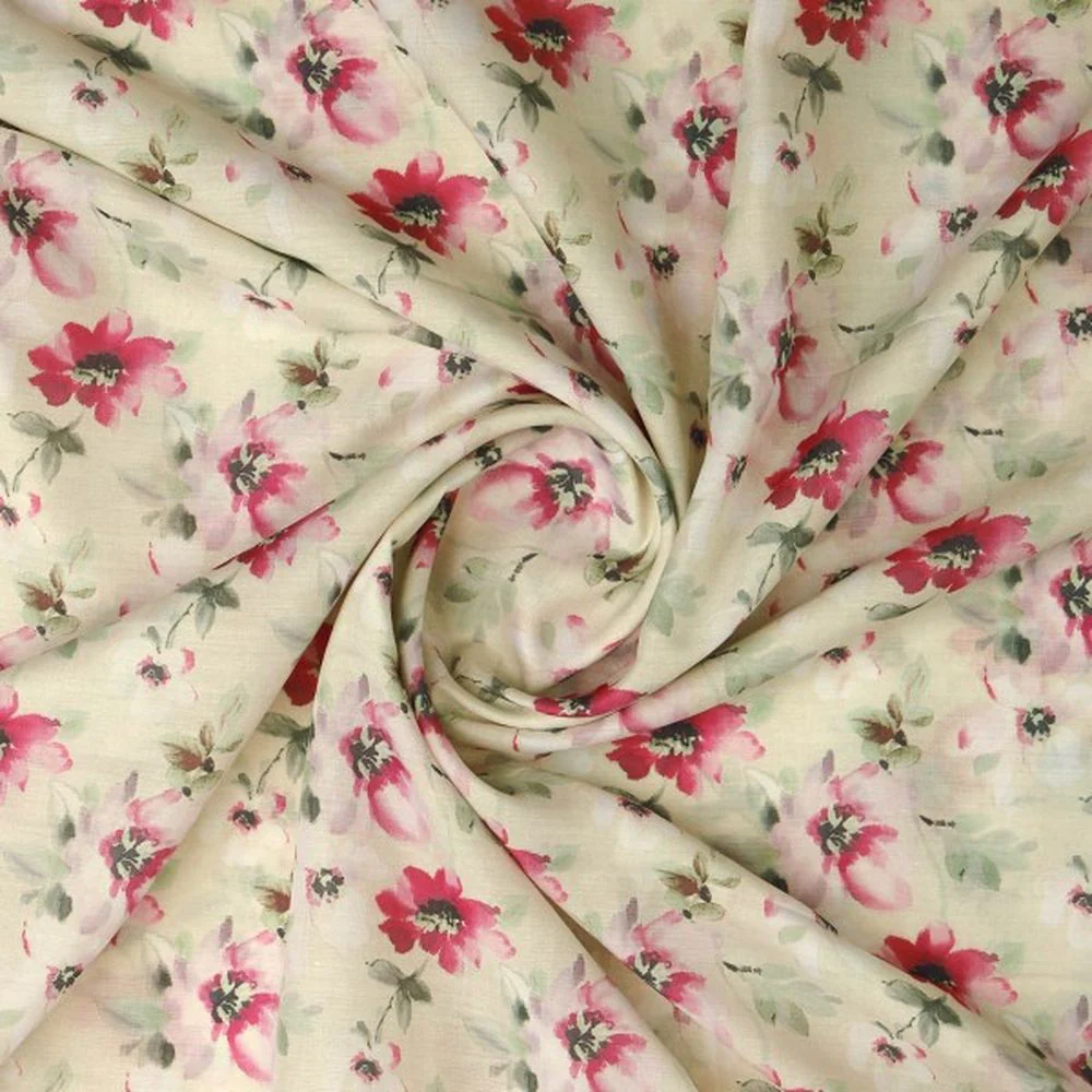 Cream and Pink Watercolour Floral Print Muslin Fabric - Image 3