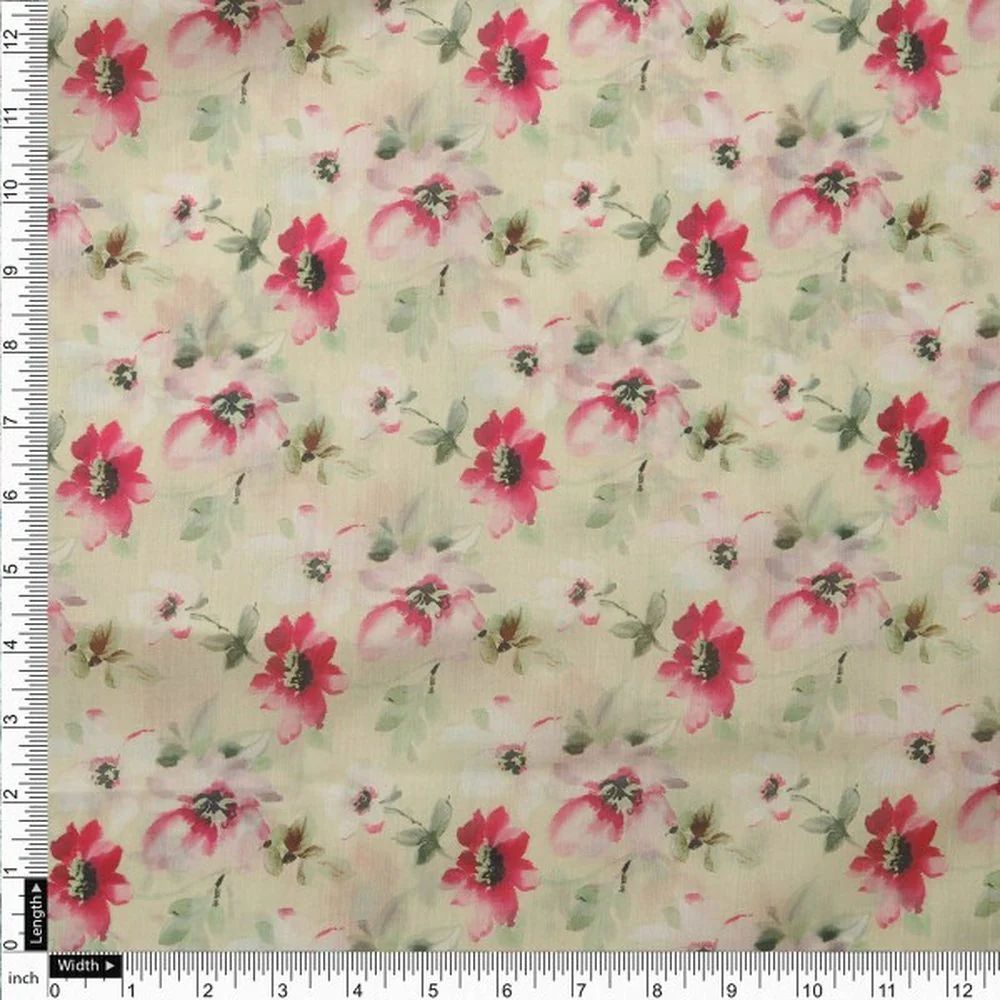 Cream and Pink Watercolour Floral Print Muslin Fabric - Image 4