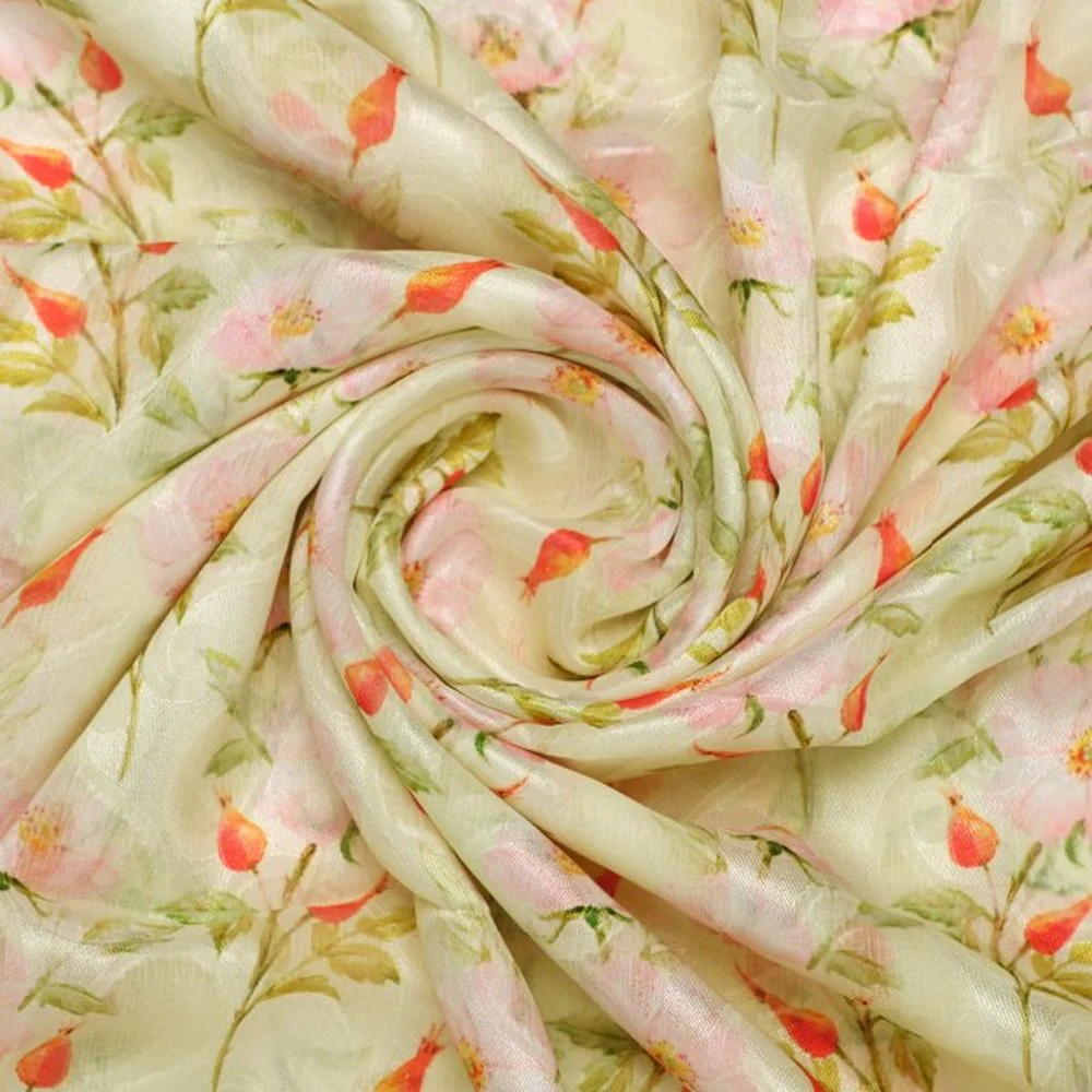 Cream Brasso Fabric with Pink Wild Rose Floral Print - Image 2