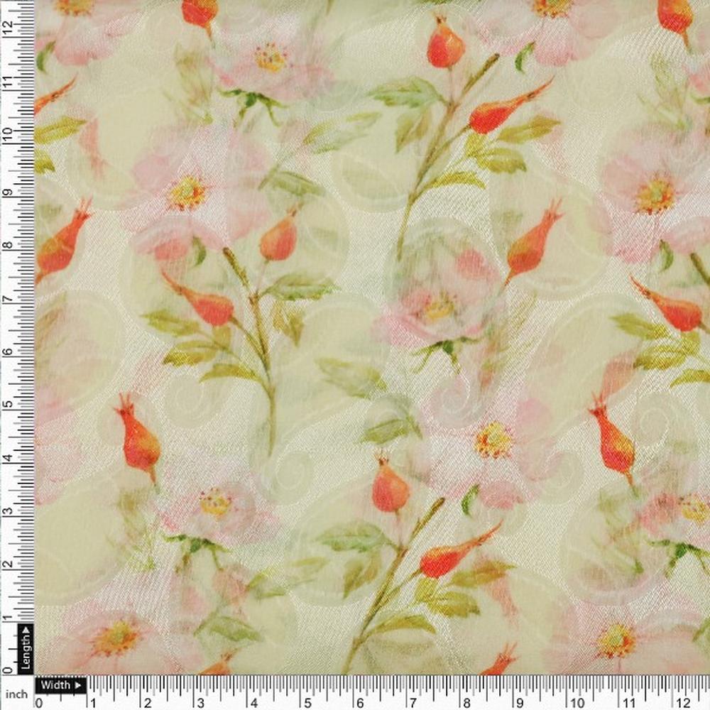 Cream Brasso Fabric with Pink Wild Rose Floral Print - Image 4