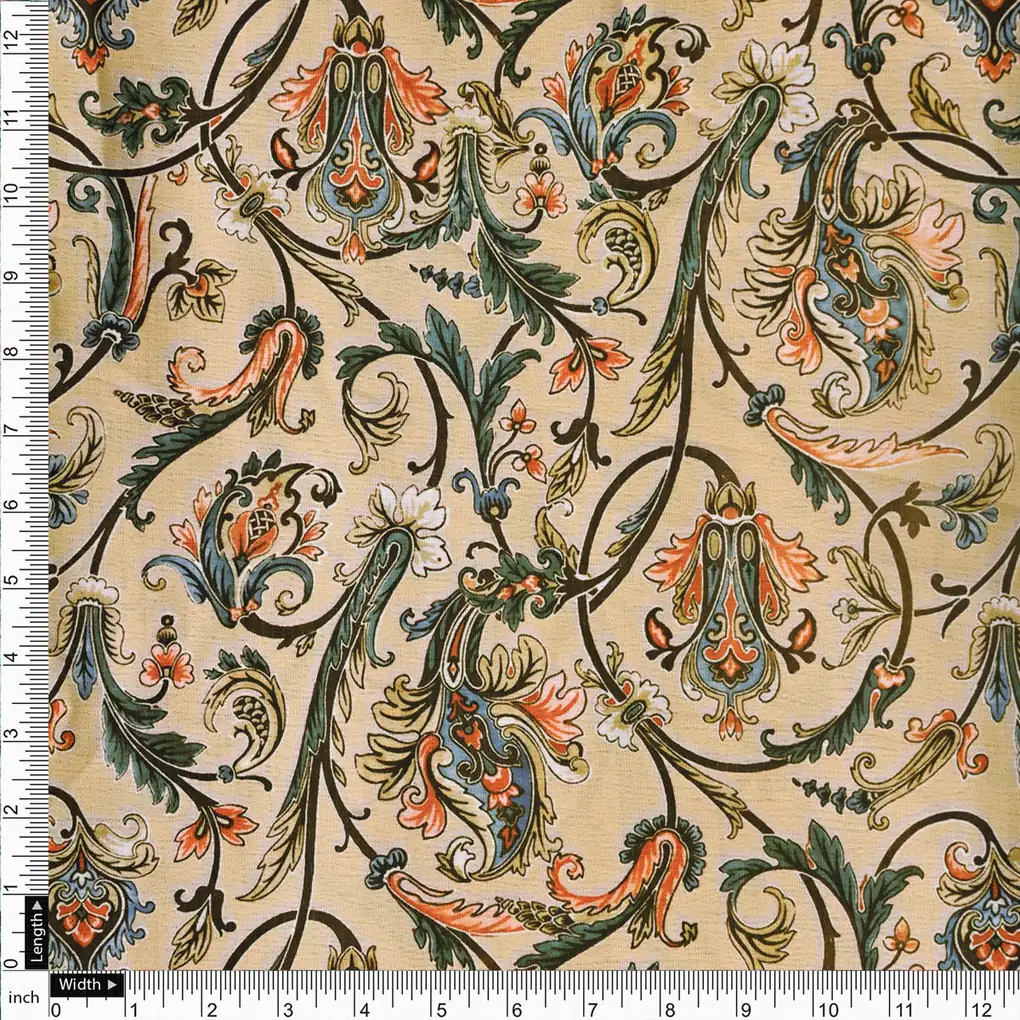 Cream Decorative Floral Paisley Polyester Printed Fabric - Image 4