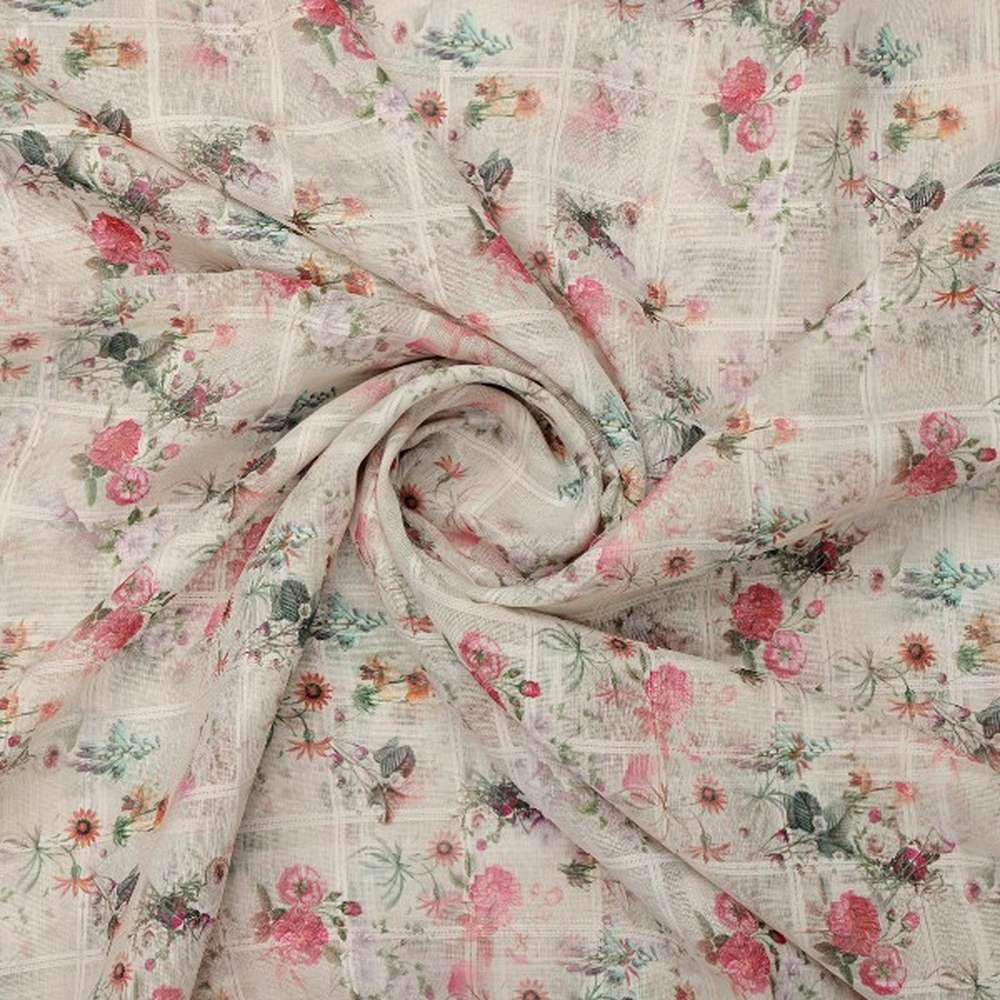 Cream Floral Grid Linen Look Fabric - Image 2