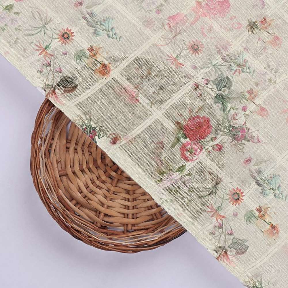 Cream Floral Grid Linen Look Fabric - Image 3