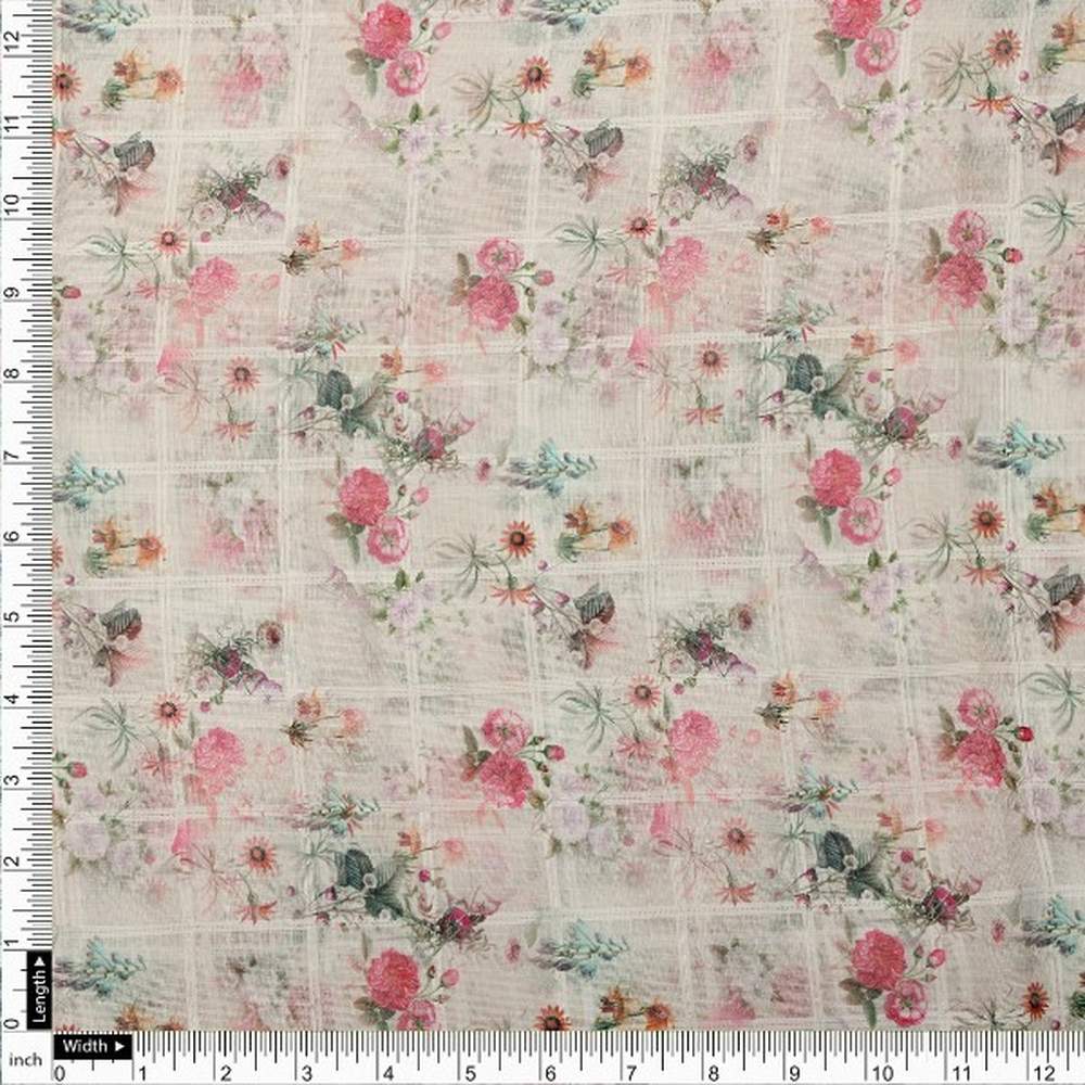 Cream Floral Grid Linen Look Fabric - Image 4