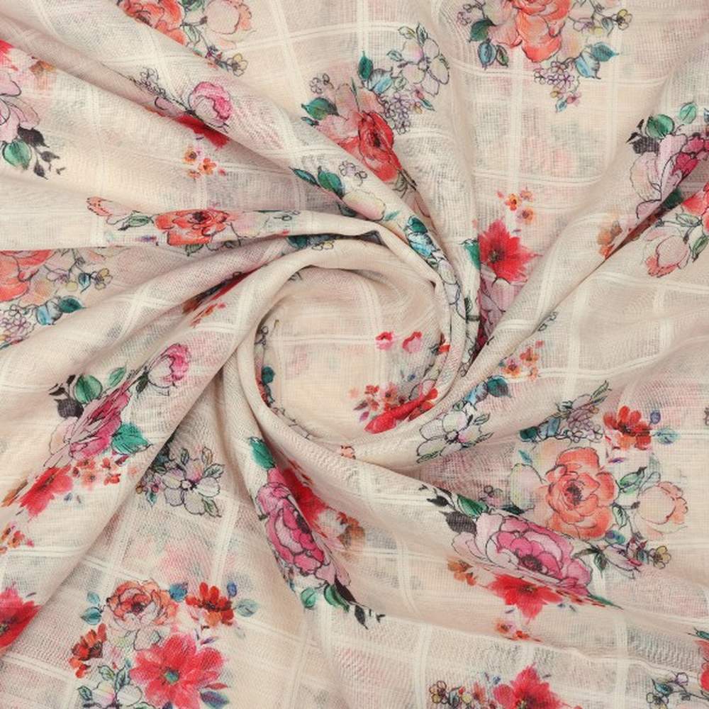Cream Floral Grid Printed Linen Fabric - Image 2