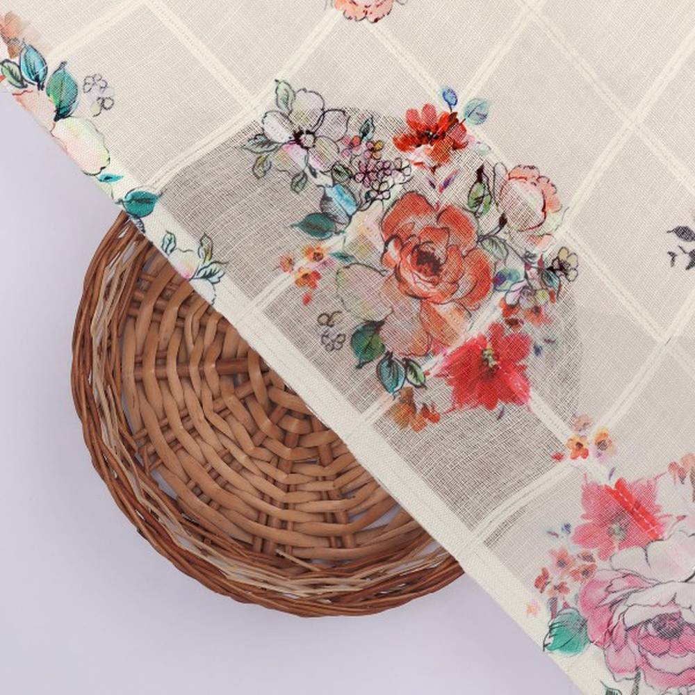 Cream Floral Grid Printed Linen Fabric - Image 3