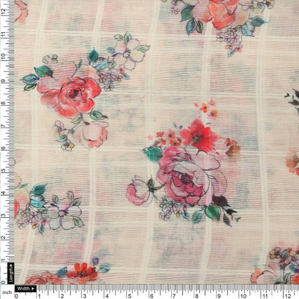 Cream Floral Grid Printed Linen Fabric - Image 4