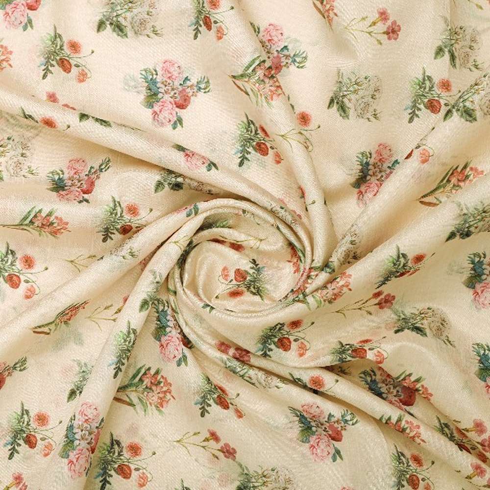Cream Floral Printed Tusser Silk Fabric - Image 2