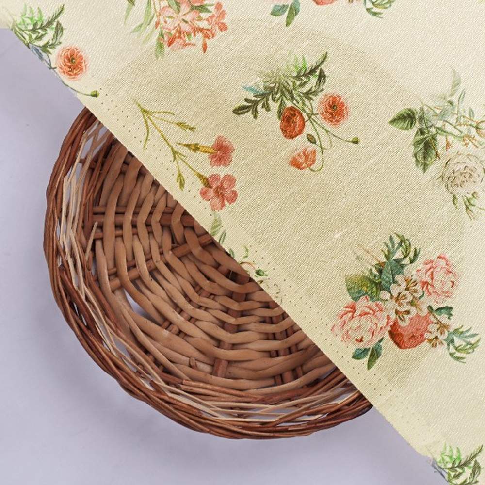 Cream Floral Printed Tusser Silk Fabric - Image 3