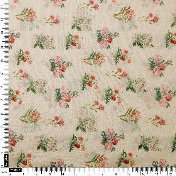 Cream Floral Printed Tusser Silk Fabric - Image 4