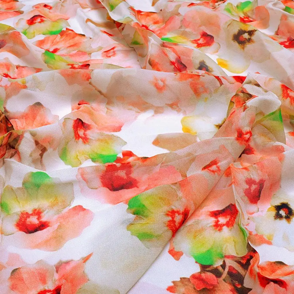 Cream Floral Pure Georgette Printed Fabric - Image 3