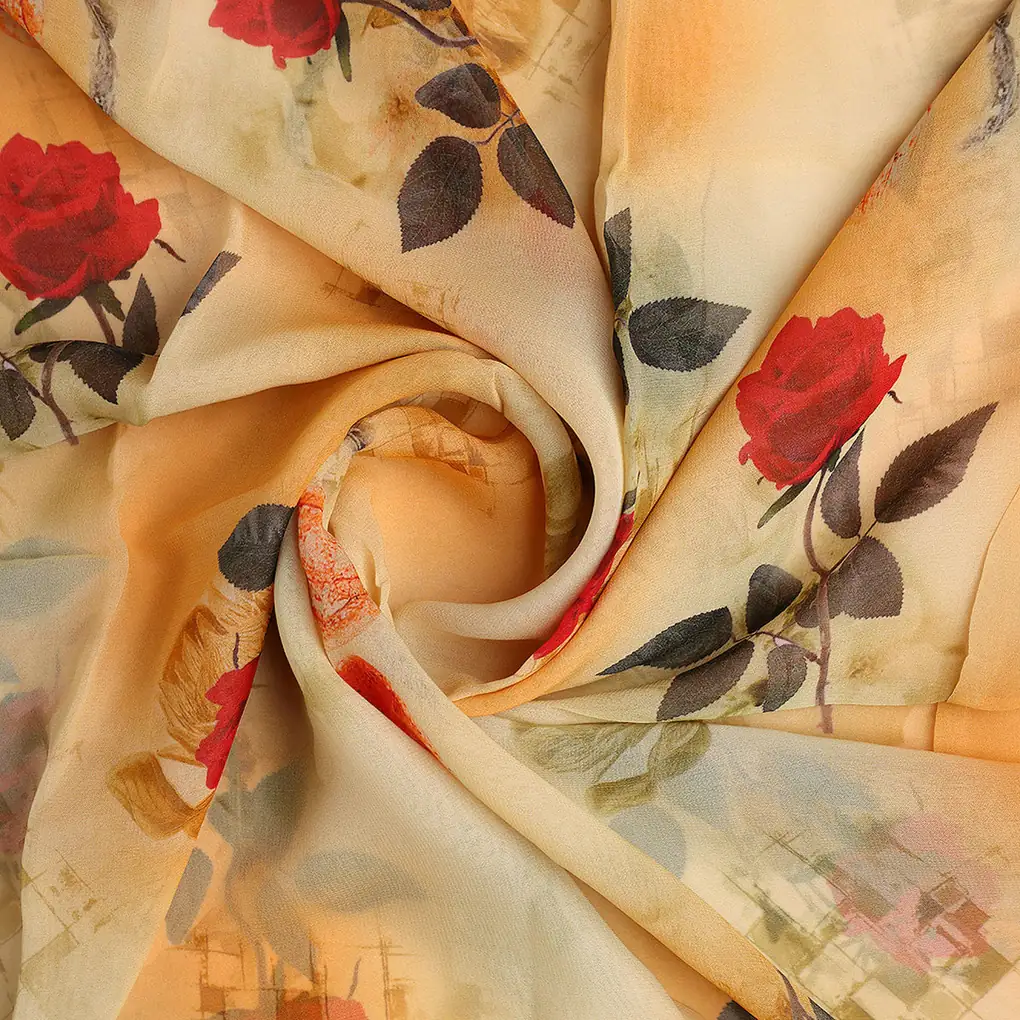 Cream Leaves Pure Georgette Printed Fabric - Image 2