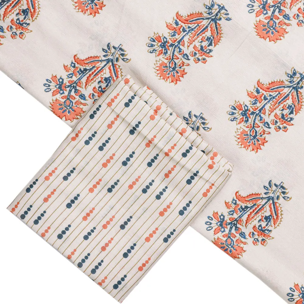 Cream Mul Cotton Printed Unstitched Fabric Set (5 Meter Set) - Image 2
