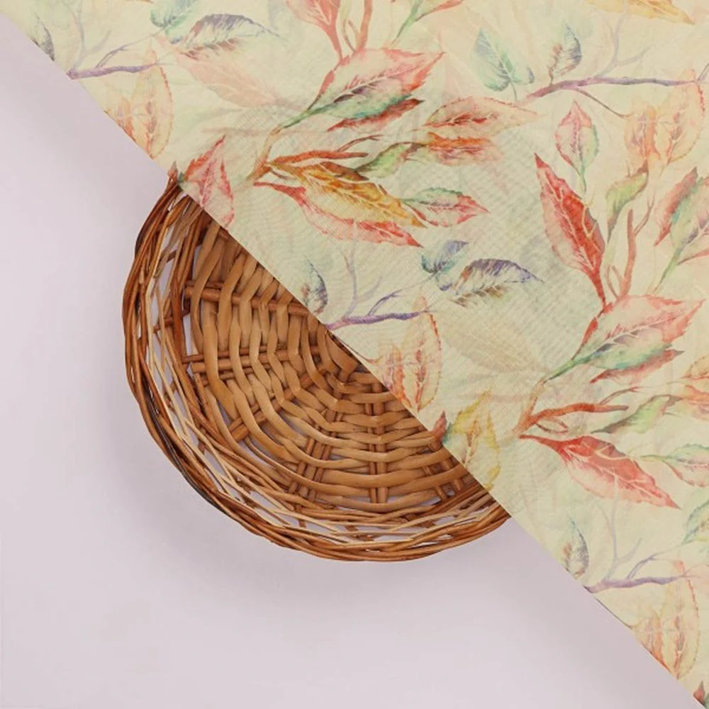 Cream & Multi-Colour Watercolour Leaf Print Organza Fabric - Image 2