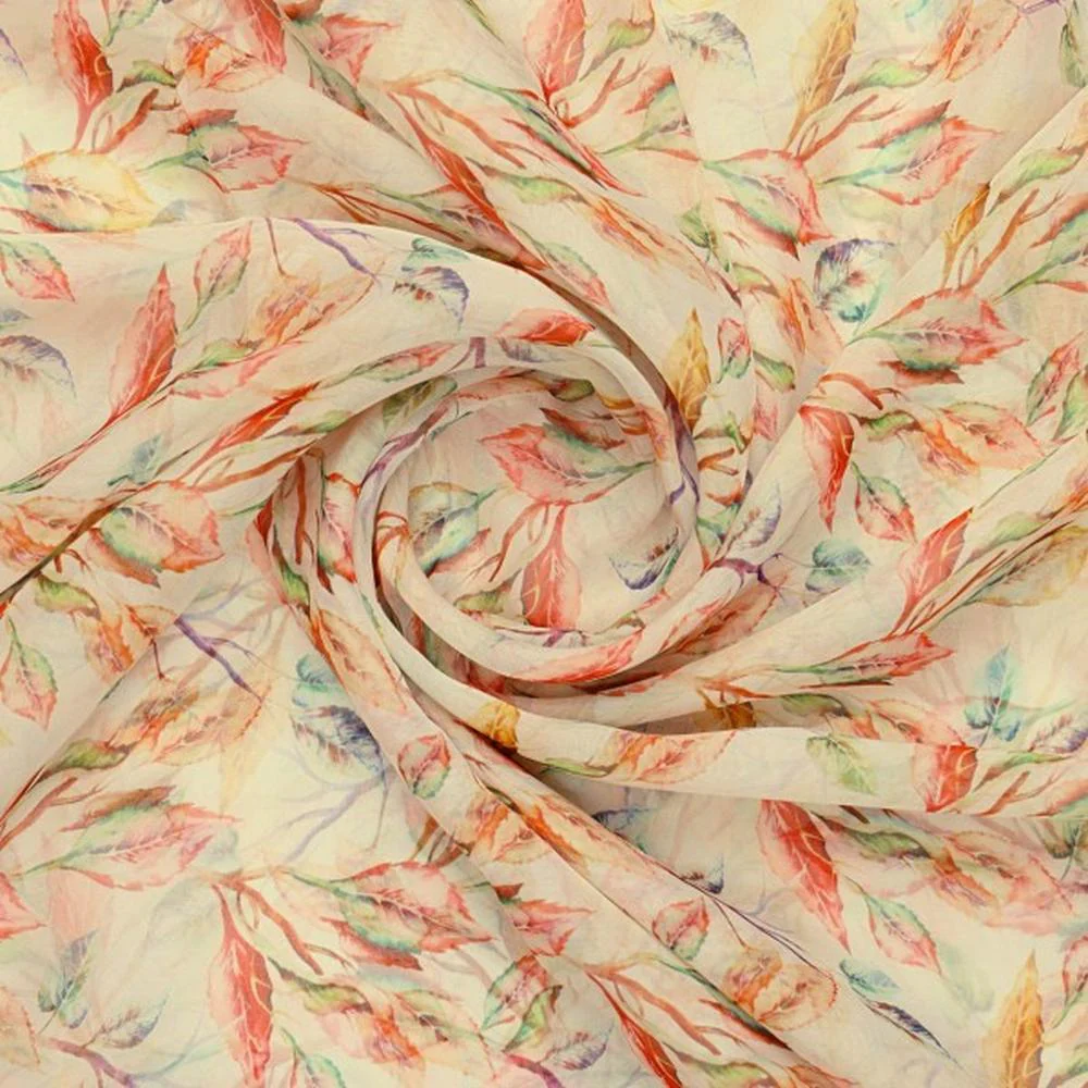 Cream & Multi-Colour Watercolour Leaf Print Organza Fabric - Image 3