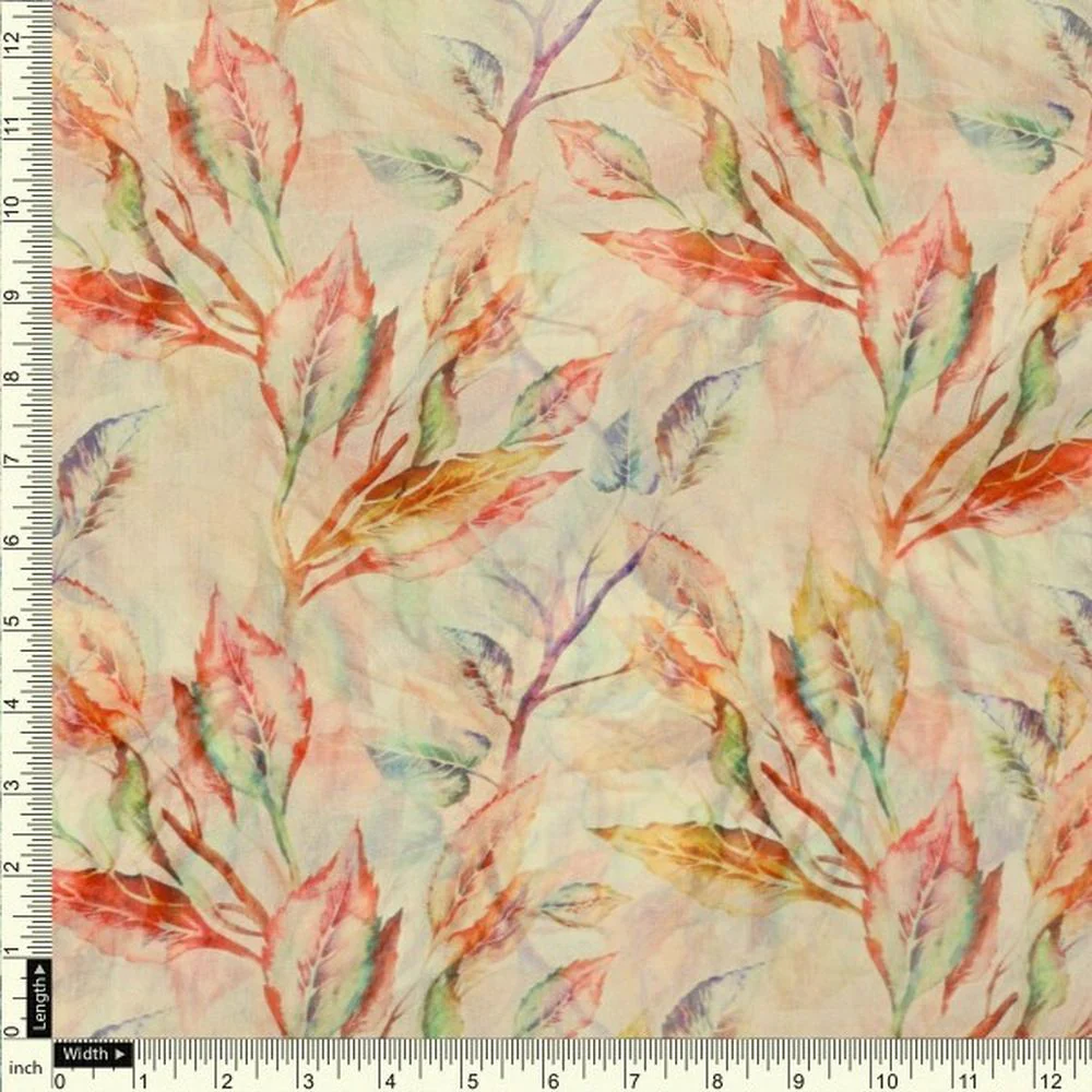 Cream & Multi-Colour Watercolour Leaf Print Organza Fabric - Image 4