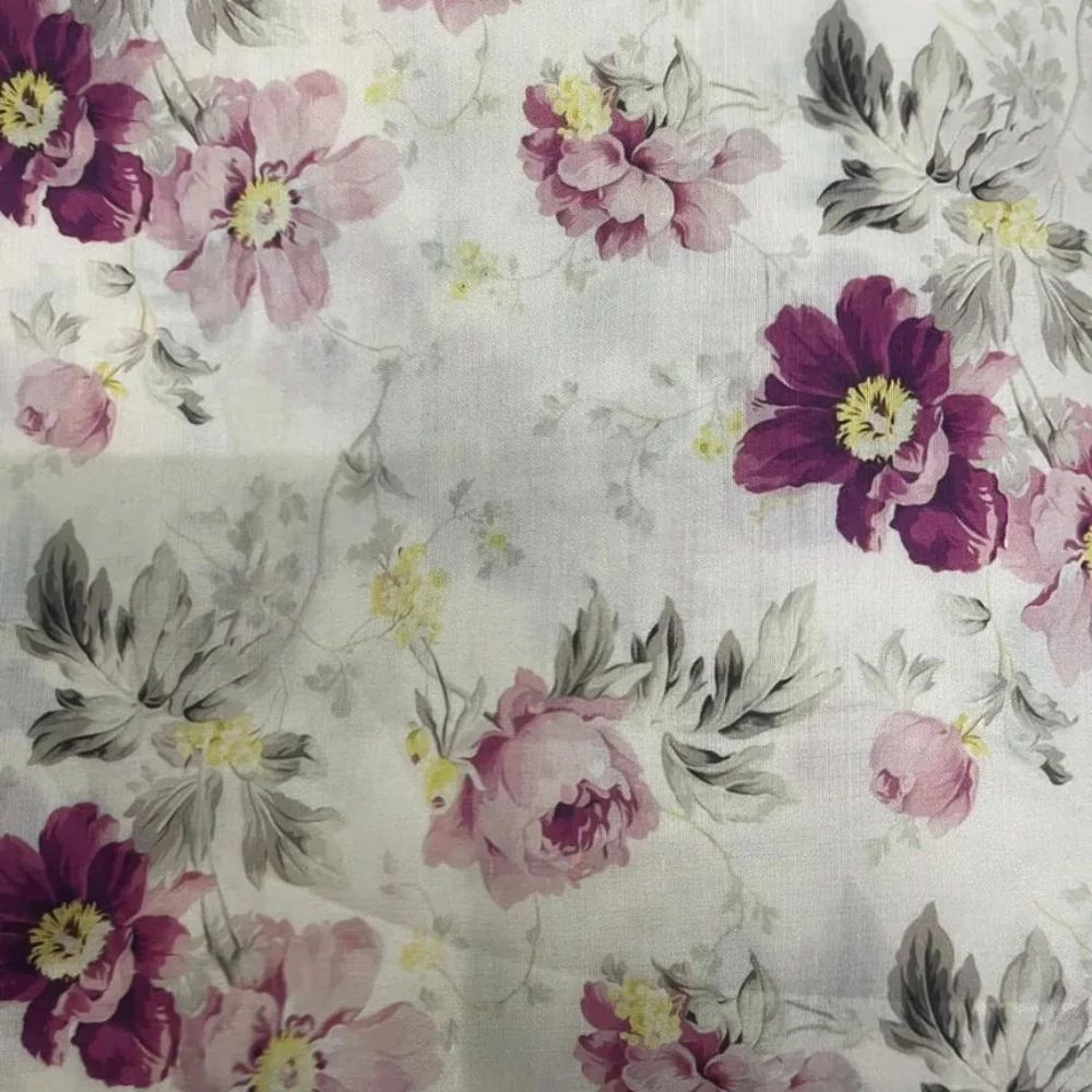Cream Muslin Fabric with Vintage Wine & Pink Floral Print - Image 2