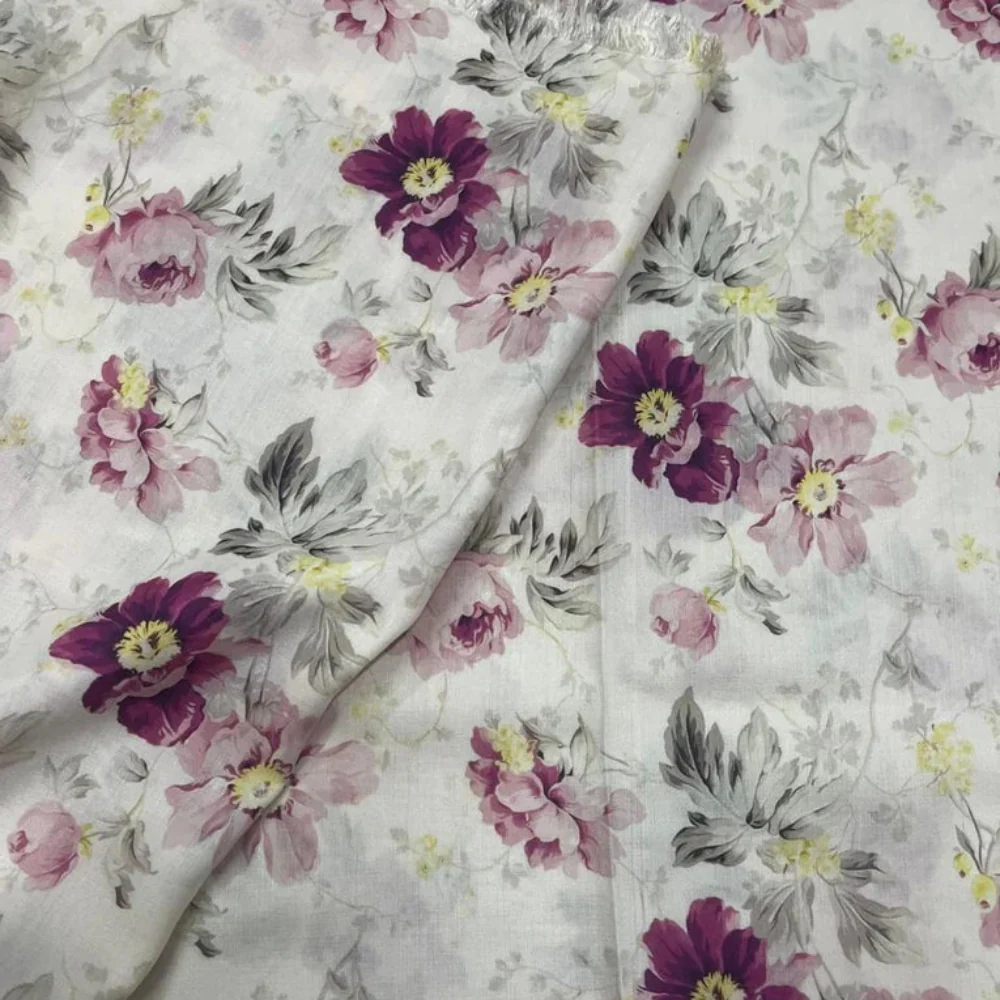Cream Muslin Fabric with Vintage Wine & Pink Floral Print - Image 3