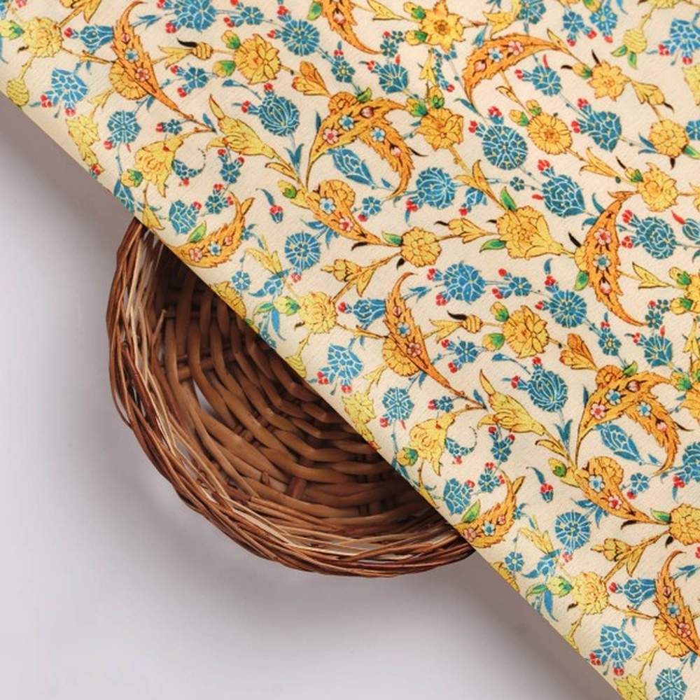 Cream Yellow Blue Floral Ethnic Polyester Printed Fabric - Image 3