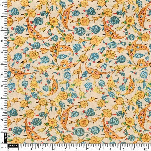 Cream Yellow Blue Floral Ethnic Polyester Printed Fabric - Image 4