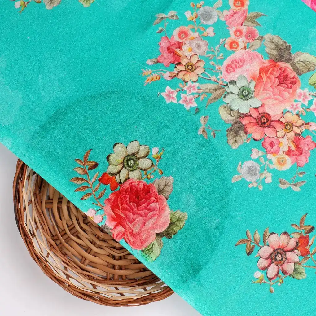 Mediumseagreen Floral Pure Cotton Printed Fabric Material - Image 2