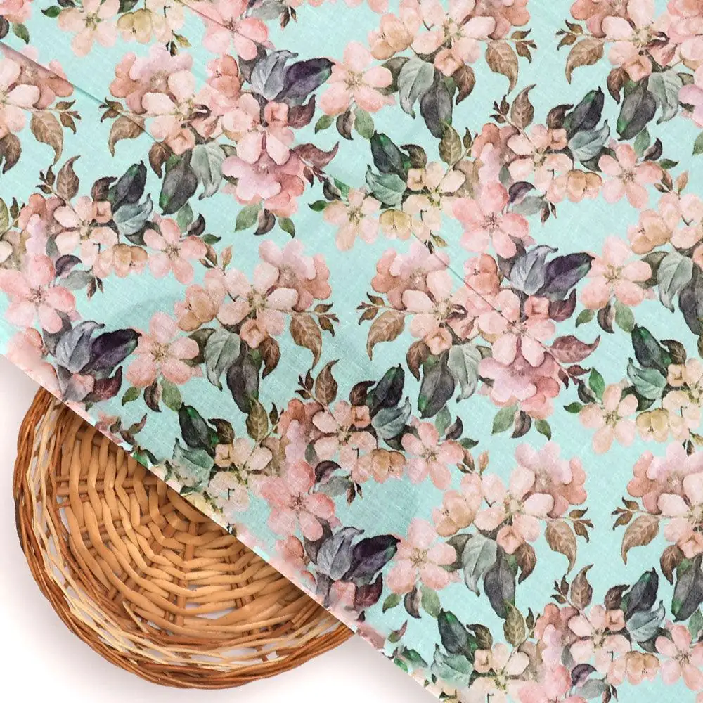 Cyan Flower Pure Cotton Printed Fabric Material - Image 3