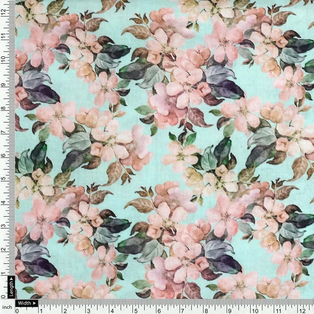 Cyan Flower Pure Cotton Printed Fabric Material - Image 4