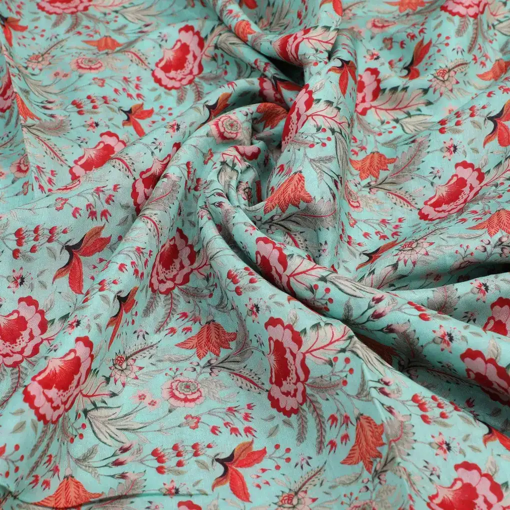 Cyan Jacobean Pure Muslin Printed Fabric Material - Image 3