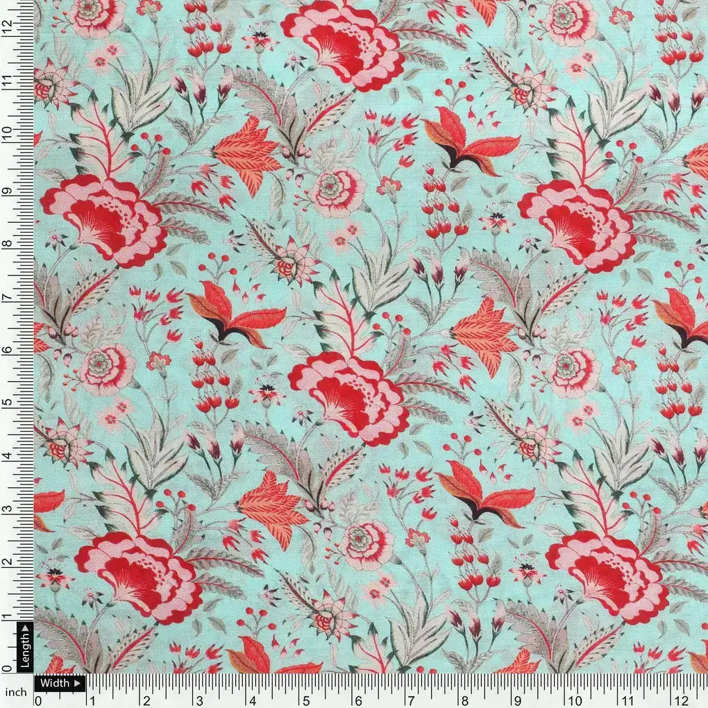 Cyan Jacobean Pure Muslin Printed Fabric Material - Image 4