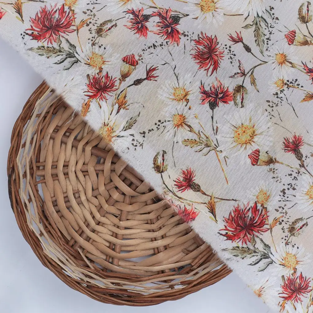 Daisy Branch Of White Flower Digital Printed Fabric - Poly Muslin - Image 2