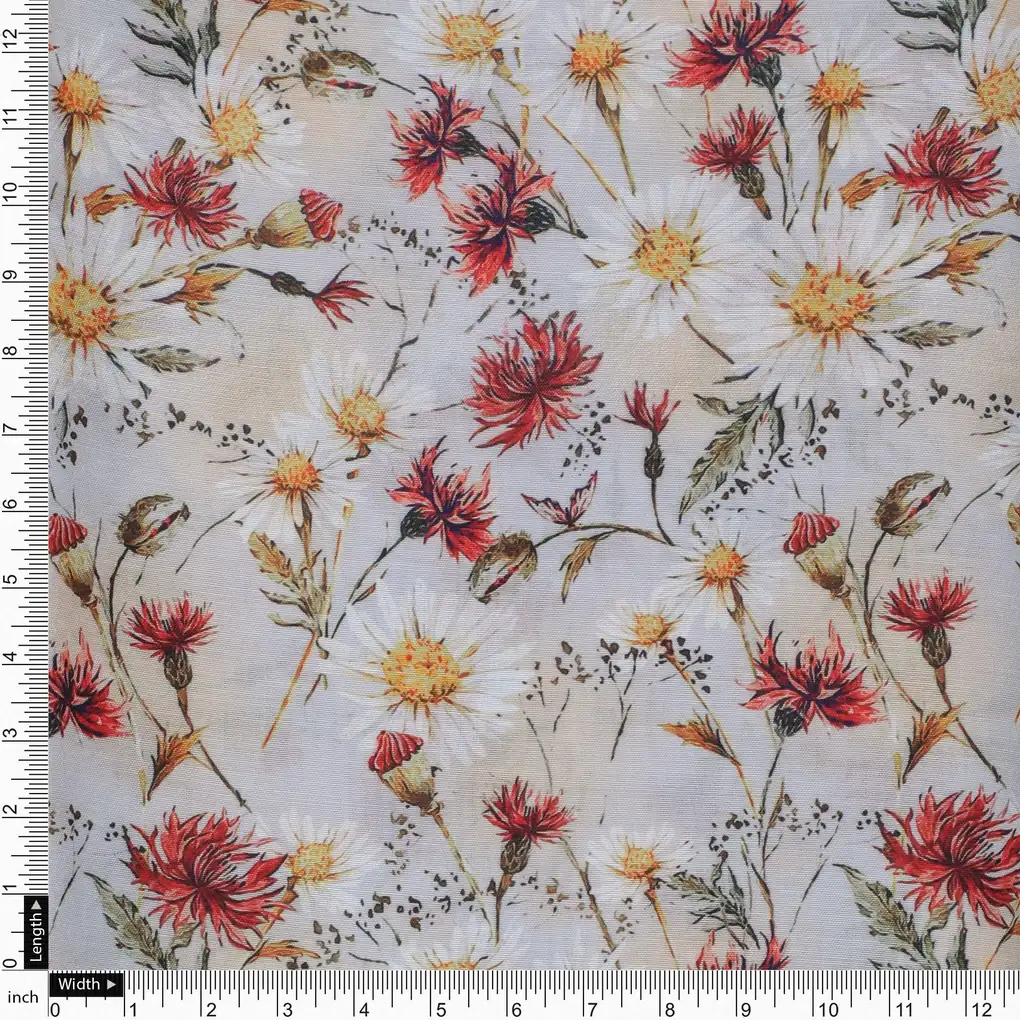 Daisy Branch Of White Flower Digital Printed Fabric - Poly Muslin - Image 4